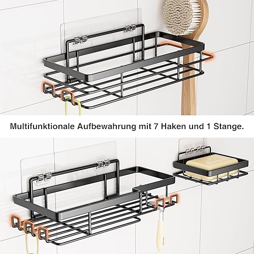 PICKPIFF Étagère de Douche sans Perçage, Lot de 3 Paniers, Support Shampoing, Organisateur pour Salle de Bain et Cuisine, Fixation Adhésive, Antirouille, Noir, 27 x 12,5 cm - Nail Gallerys