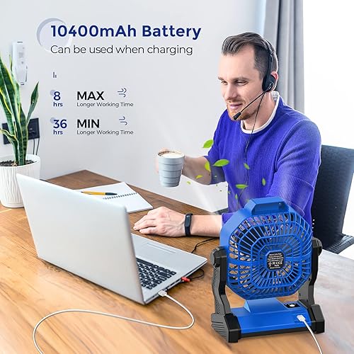 dovecina Ventilateur Silencieux LED 10400mAh Rechargeable,Ventilateur Portable Bureau 270°Rotation Avec Lumière LED,Vitesse Illimitée avec Crochet,pour Camping Bureau Chambre Voyage (Blue) - Nail Gallerys