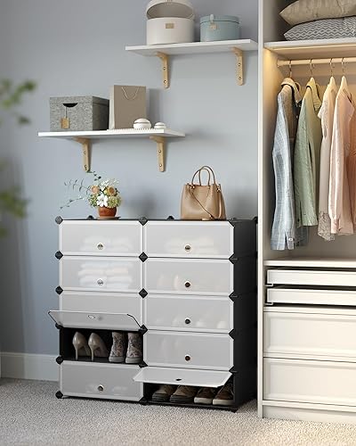 SONGMICS Meuble à Chaussures avec 10 Compartiments Rectangulaires, pour 20 Paires, Étagère Modulable en Plastique, Boîte à Chaussures, avec Porte, Maillet, Rangement, Noir LPC10HV1 - Nail Gallerys