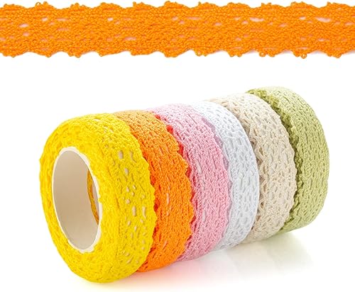 Lot de 6 rouleaux de ruban de dentelle autocollant - Beige blanc jaune orange rose vert vintage - Ruban décoratif en dentelle - Ruban en tissu autocollant pour invitations de mariage - Nail Gallerys