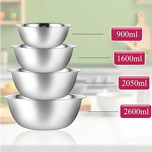 LDXDRU Lot de 8 saladiers en acier inoxydable - 4 tailles - 0,9 l / 1,6 l / 2 l / 2,6 l - Saladiers en acier inoxydable - Pour la pâtisserie, le service et les collations - Nail Gallerys