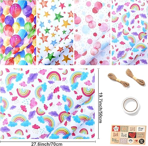 Lot de 4 feuilles de papier cadeau d'anniversaire pour enfants, filles, garçons, hommes, femmes, ensemble de rouleaux pour Noël, décoration de cadeau festive (70 x 50 cm) - Nail Gallerys