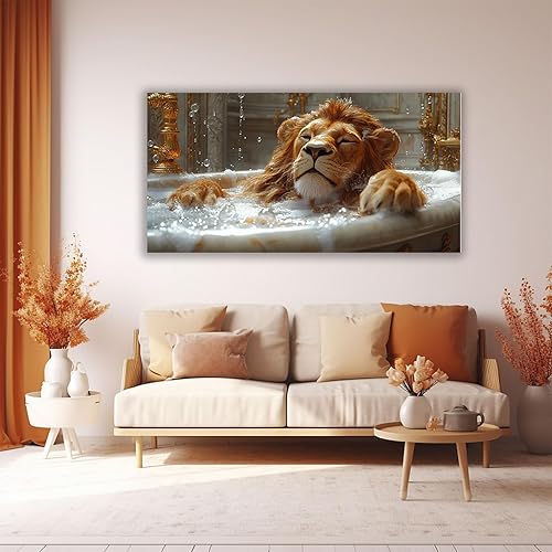 WIKEO Murale d'art l'image imprimée sur Toile Salle de bain Baignoire Lion Animal Photos d'œuvres d'art pour Le Bureau à Domicile salon Décoration Moderne(Marron)-40x80cm Encadrée - Nail Gallerys