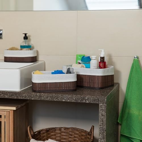 Relaxdays Boîte de rangement en bambou lot de 3 rectangle paniers ouverts HxlxP 13 x 30 x 20 cm avec revêtement tissu, marron - Nail Gallerys