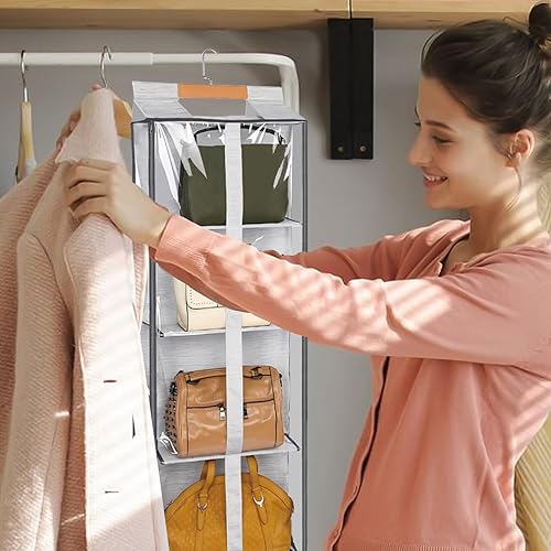 Qivine Rangement Sac à Main, Organisateur de Sac à Main avec 4 Poches Transparentes, Porte Sac à Main en Non Tissé Pliable, Peu Encombrant, pour Les Écharpes, Les Parapluies et Les Gants - Nail Gallerys