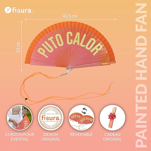 Fisura – Éventail original avec message « P*to calor ». Accessoire portable réversible en bois moderne. Ventilateur main dégradé rose orange vibrant. Crochet inclus. 42,5 x 23 cm - Nail Gallerys