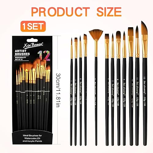 Lot de 12 Pinceaux Peinture Acrylique, Pinceau de Peinture à l'huile Nylon Art Pinceaux en Nylon de Haute Qualité pour Artistes Débutants et Professionnels - Nail Gallerys