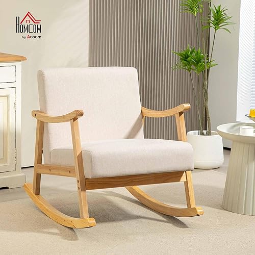 HOMCOM Fauteuil à Bascule Rocking Chair Assise rembourrée Chaise à Bascule avec Pieds en Bois Style Moderne - dim. 66l x 92P x 78H cm, Beige - Nail Gallerys