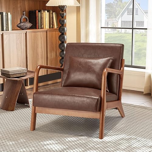 YODOLLA Fauteuil accent - Fauteuil de cocktail pour salon, fauteuil de lecture avec accoudoirs en bois - Fauteuil Accent - En cuir synthétique - Marron rouge - 65 x 75 x 70 cm - Nail Gallerys