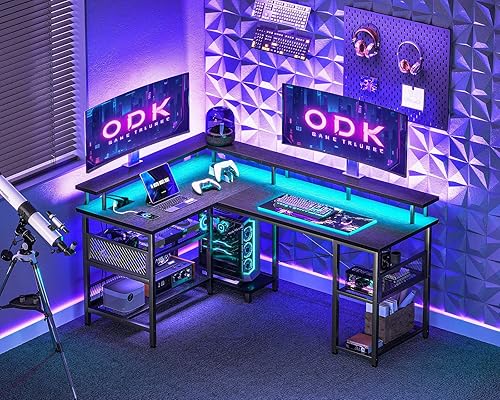 ODK Bureau Gaming avec LED, Bureau Gaming Réversible avec 2 Prises et 2 Ports USB, Grand Bureau d'angle avec Étagère en Maille, Noir 168×120cm - Nail Gallerys