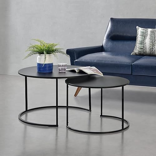 Lot de 2 Tables Basses Rondes Gigognes Capacité de Charge 20 kg Tables de Salon Robustes en Fer de Tailles Différentes Noir - Nail Gallerys