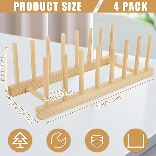 LOPYXBR Lot de 4 supports d'assiettes en bois à 7 emplacements - Égouttoir à vaisselle en bois de bambou - Support pour assiettes, planche à découper, couvercle de casserole, bol - Nail Gallerys