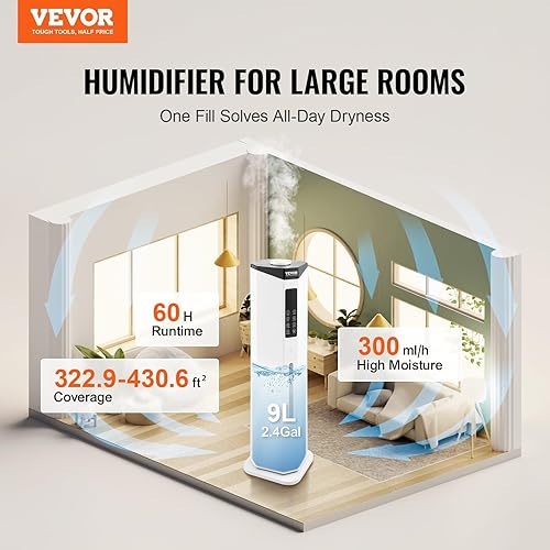 VEVOR Humidificateur Commercial Industriel 40 m², 300 mL/h, Réservoir Eau 9 L, Brume Fraiche, Recharge par le Haut, avec Pulvérisation Rotative Automatique, pour Toute la Maison, Serre, Plante, Bureau - Nail Gallerys