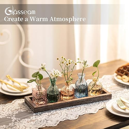 Glasseam Petit Vase en Verre pour La Maison: 5 Vases à Bourgeons ColoréS avec Plateau en Bois pour Le Salon, Le Bureau Et La Table à Manger - Ensemble De Vases à Fleurs De Classe pour Cadeaux - Nail Gallerys
