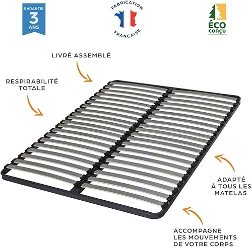 EBAC Literie Sommier à Lattes 140x190 Epsilon - 40 Lattes Bois - Fabrication française - Nail Gallerys
