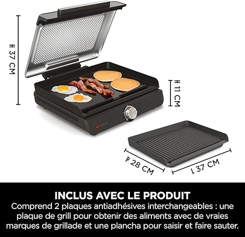Ninja Sizzle Grill électrique d'intérieur, plancha avec plaque grill antiadhésive, couvercle compatible lave-vaisselle, collecteur de graisse, cadran température et guide de recettes, gris GR101EU - Nail Gallerys
