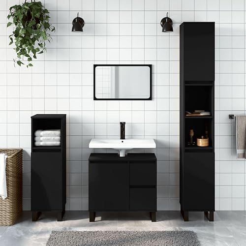 vidaXL Ensemble de Meubles Salle de Bain 3 pcs Noir Bois d'ingénierie, Meuble de lavabo de Salle de Bain, Armoire de Salle de Bain, Meuble de Toilette - Nail Gallerys