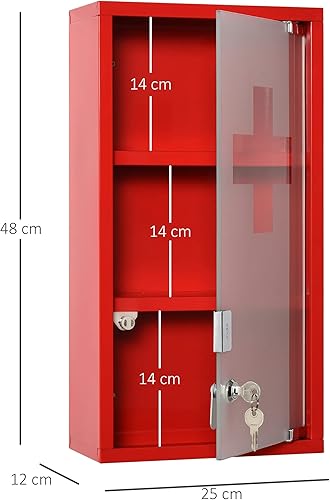kleankin Armoire à Pharmacie 2 étagères 3 Niveaux verrouillable Porte Verre trempé dépoli Logo Croix 25L x 12l x 48H cm métal Rouge - Nail Gallerys