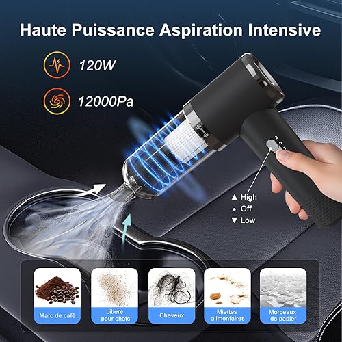 Aspirateur Voiture Puissant sans Fil, 12000Pa Mini Aspirateur a Main pour Auto & Maison, 3 en 1 Petit Aspirateur de Table sans Fil 5200mAh, Recharge USB, Nettoyage Poils Animaux + 2 Filtres Lavables - Nail Gallerys
