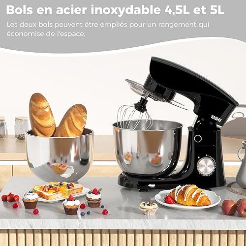 YASHE Robot Pâtissier 1500W, 4,5L + 5,5L Deux Bols en Acier Inoxydable, 10+P Vitesses, Tête Inclinable, Crochet à Pâte, Batteur & Fouet, Robot Pétrin Professionnel - Nail Gallerys