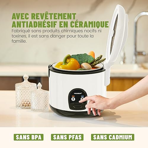 MOOSUM Cuiseur à riz (rice cooker) - 1,8 l pour 2-10 personnes - Revêtement céramique avec insert pour cuiseur à vapeur - cuillère à riz et tasse à mesurer - Argenté - Nail Gallerys