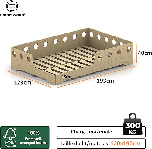 smartwood Lit Enfant 120x190 avec Sommier | Laqué | Montessori Lit au Sol TILA 5L avec Barrière de Sécurité | Bois Naturel Certifié | Recommandé à partir de 3 Ans - Nail Gallerys