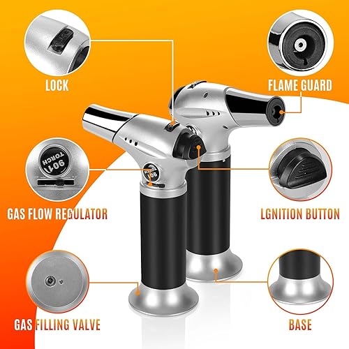 Chalumeau au Butane, Briquet, Avec Verrouillage de Sécurité, Réglable, Rechargeable Pour Crème Brûlée Maison, Camping, Barbecue, Cuisine (Butane non Inclus) - Nail Gallerys