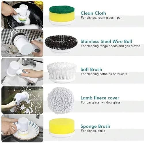 Brosse à récurer électrique 5 en 1, Rechargeable USB, Métal, 1 câble Micro USB, 2 brosses, Porte-Tampon Auto-agrippant, Tampon Anti-Rayures en Microfibre, Tampon abrasif Fort (Blanc) - Nail Gallerys