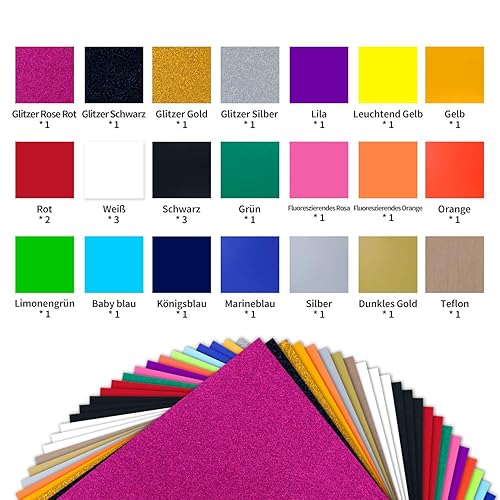 HTVRONT Plotter Film Textile - Lot de 26 films flexibles 30,48 cm x 25,4 cm pour t-shirts et tissus (20 couleurs régulières et paillettes) - Nail Gallerys
