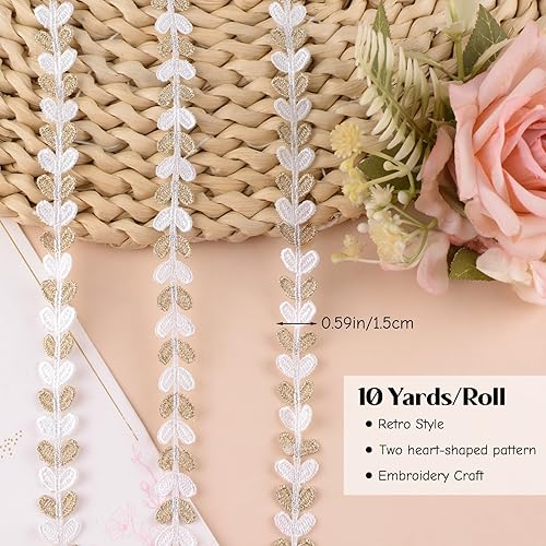 URROMA Rouleau de ruban en dentelle avec cœurs blancs et dorés, 9,1 m, sangle vintage pour couture, artisanat, cartes de mariage, décorations, loisirs créatifs - Nail Gallerys