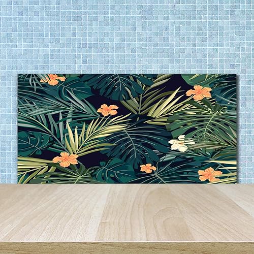 Tulup Crédence de cuisine 100x70cm Dosseret en verre Fond de hotte Verre de sécurité trempé Splashback Guard - Fleurs et plantes - Vert - Feuilles Tropicales - Nail Gallerys