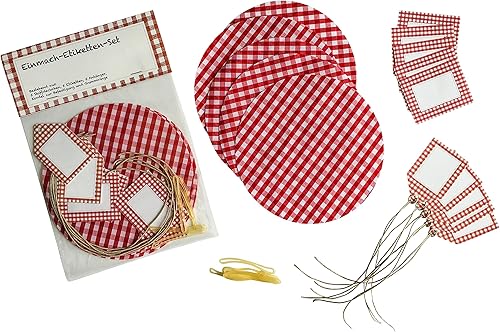 EAST-WEST Trading GmbH Lot économique Ensemble pour pots de confiture comprenant des étiquettes avec cordons + des dessus de couvercle en tissu - rouge (5 de chaque) - Nail Gallerys
