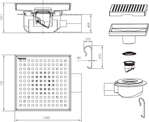 VANCOCO Acier INOX Caniveau de Douche à Carreler de 80 cm, 2 in 1 Extra Plat 360° Siphon Sol d'évacuation, avec Clapet Anti-Odeur et Filtre Anti-Cheveux - Nail Gallerys