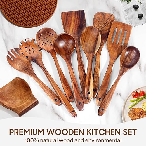 Spardar Ustensiles de cuisine en bois 12 pièces avec 9 cuillères en bois de teck, repose-cuillère, maniques, porte-ustensiles de 8,9 cm, comme décoration de cuisine et cadeau de pendaison de - Nail Gallerys