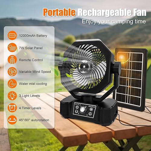AKOFIC Ventilateur Camping Solaire avec Télécommande et Lumière LED, Ventilateur Brumisateur 12000 mAh USB Rechargeable, Ventilateur de Bureau/Tente Puissant et Silencieux pour Extérieur Intérieur - Nail Gallerys