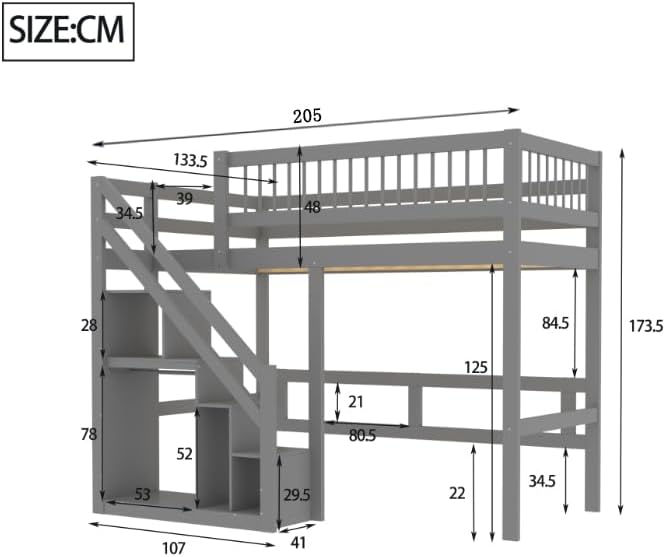 Zepneiy Lit surélevé 90x200 cm, échelle de sécurité avec Rangement, lit Enfant, Structure en Bois Massif, Naturel (Matelas Non Inclus) - Nail Gallerys