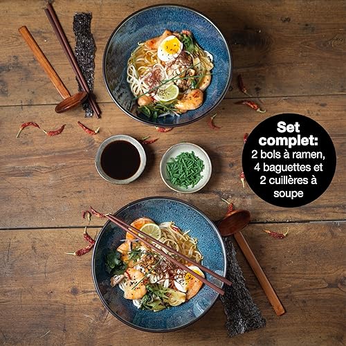 Moritz & Moritz 2x bols à ramen en céramique - 24 cm Ø - Lot de bowls à ramen pour 2 personnes – Pour soupe, bowls pho et sushis – Avec cuillères et baguettes - Nail Gallerys