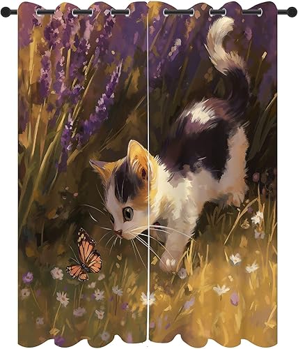 Chat Mignon Rétro Rideau Thermique Isolant Anti Froid, Rideaux Marguerite Lavande Papillon Opaque Occultant pour Salon, Intérieurs à Oeillets 75Lx166H, Lot de 2(wb167) - Nail Gallerys