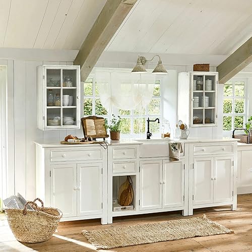 Loberon Lot de 2 armoires suspendues Piavo, style maison de campagne, finition antique charmante, look nostalgique, meuble de cuisine, bois de pin, verre, blanc antique - Nail Gallerys