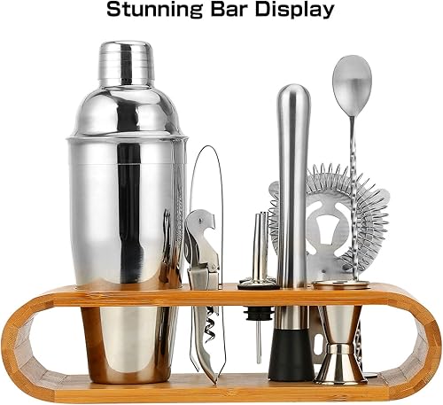 Lot de 10 shakers à cocktail de qualité supérieure en acier inoxydable avec rangement en bambou - Avec shaker à cocktail, verre doseur, bec verseur, pilon de bar, cuillère de bar, pince à glace, - Nail Gallerys
