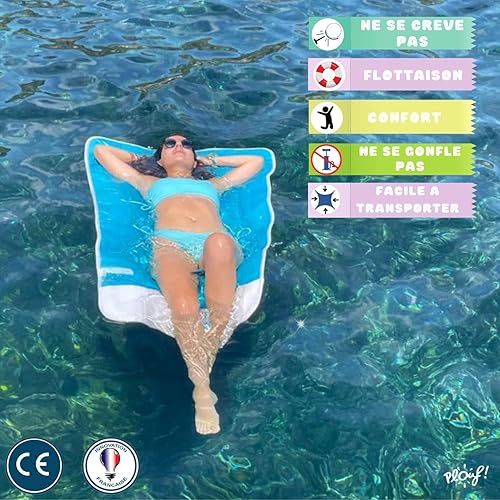 Plouf! - Matelas Flottant 2 en 1 Non Gonflable Bleu - Accessoire Plage et Piscine pour Adulte et Enfant - Hamac Flottant de Piscine - Nail Gallerys