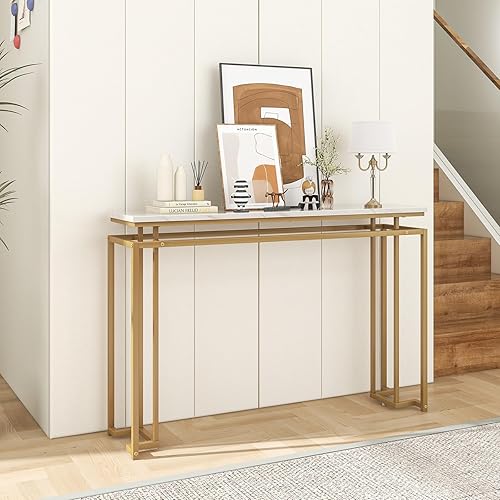 COSTWAY Console Entrée, Table Console Effect Marbre, Design Géométrique Moderne, Cadre en Métal Doré, Kit Anti-Basculement Inclus, pour Entrée, Couloir, Salon, 120 x 30 x 80,5 cm - Nail Gallerys