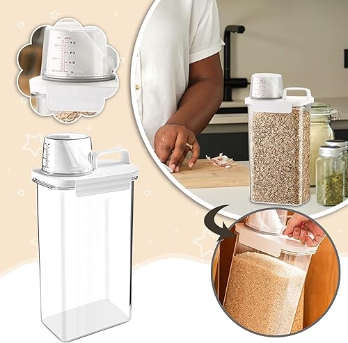 QUINTRA Distributeur de flocons d'avoine en plastique - Boîte de rangement pour cuisine, aliments, céréales, huile - Avec gobelet comptant - Cadeau (blanc, taille unique) - Nail Gallerys