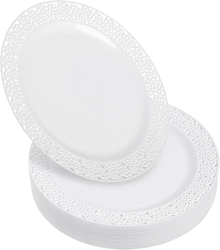 STACKABLES - Lot de 20 assiettes en plastique dur avec bordure ronde en dentelle blanche - Multifonctions et réutilisables - Assiettes de 19,1 cm - Nail Gallerys