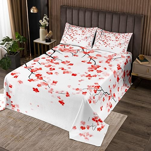 Homewish Couvre-Lit 260x240 Fleurs de Cerisier Japonais Dessus de Lit Fleurs Rouges Couverture de Lit,Fleurs Vintage Couette Plante de Montagne de Printemps avec 2 Taies d'oreiller - Nail Gallerys