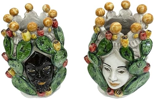 ILAB Paire de têtes de moro en céramique sicilienne de caltagirone réalisées et décorées à la main par les ceramistes de caltagirone, hauteur 20 cm, modèle ficodia, bibelots en céramique - Nail Gallerys
