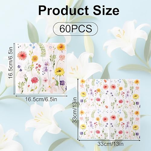 BOXOB 60pcs Serviettes à Fleurs Sauvages, Serviettes en Papier Floral pour Fêtes Printanières Baby Showers et Mariages Élégantes Décorations Florales pour Goûter et Anniversaire - Nail Gallerys