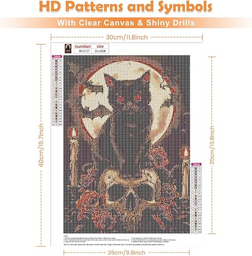 QENSPE Halloween Diamond Painting Kit pour Adulte Débutant, Chat Noir Crâne Peinture Diamant, 5D Ronde Diamants Painting Image pour Décoration Murale Maison Cadeau 30x40cm - Nail Gallerys