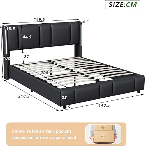 UnboxGermany Lit 160x200 cm avec éclairage LED et Rangement, Lit Coffre avec USB et Type C, Sommier à Lattes, lit 2 Personnes, PU, Noir - Nail Gallerys