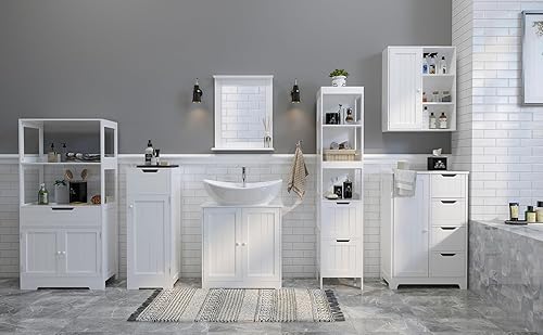 Mondeer - Meuble de Salle de Bain - Colonne de Rangement avec 1 Tiroir 1 Porte et 2 Étagères, 32x30x87cm Moderne en Bois MDF Blanc Laqué, pour Entrée Salle de Bain Salon - Nail Gallerys